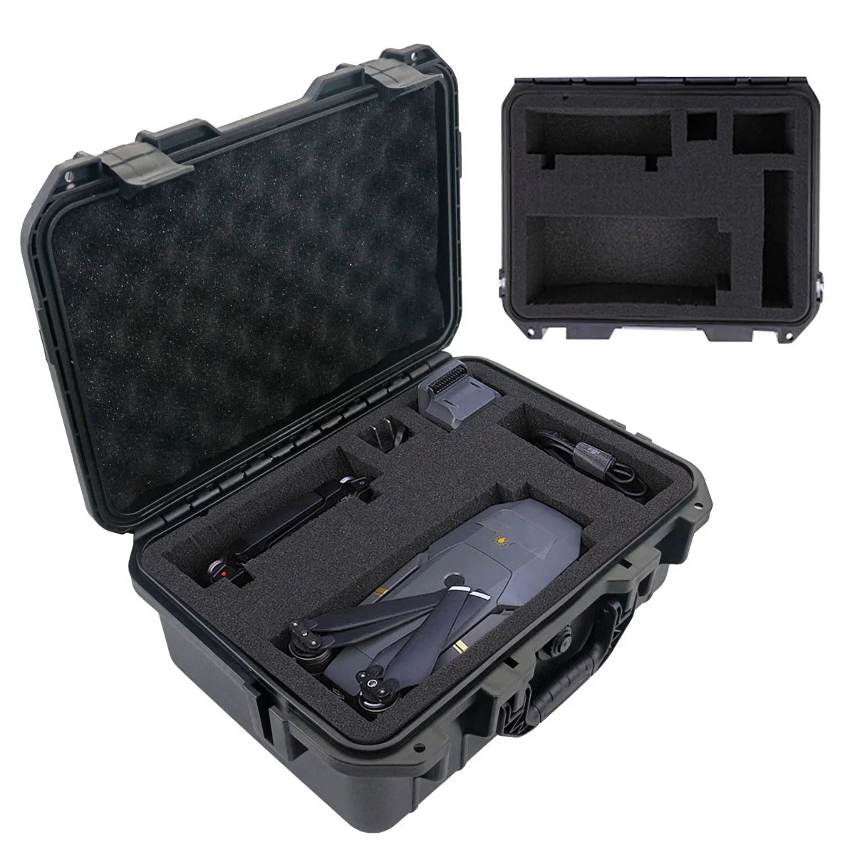 A black rugged waterproof hard case with an open lid showing a foam insert and accessories.