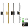 A set of modern black and gold rechargeable LED wall sconces with remote control and dimmable settings.