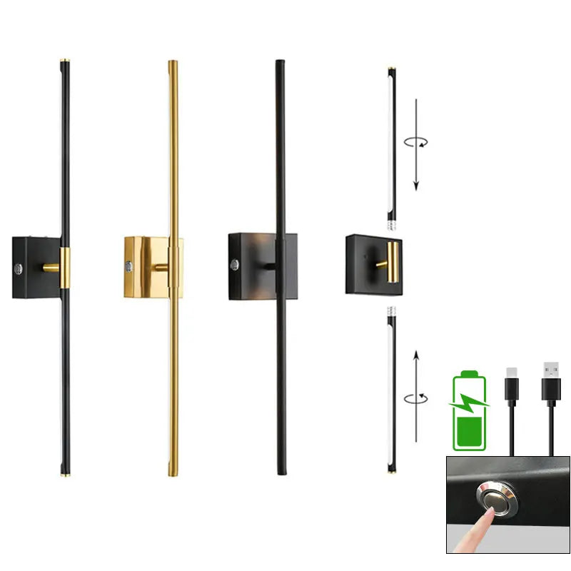 A set of modern black and gold rechargeable LED wall sconces with remote control and dimmable settings.