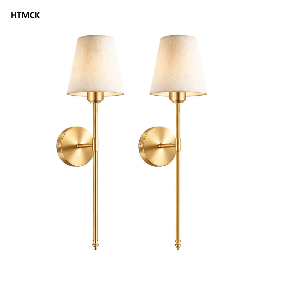 A pair of gold-toned rechargeable LED wall sconces with cream fabric shades.
