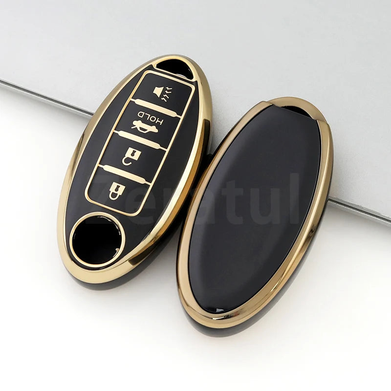 A pair of gold and black TPU car key case covers showing various key shapes.