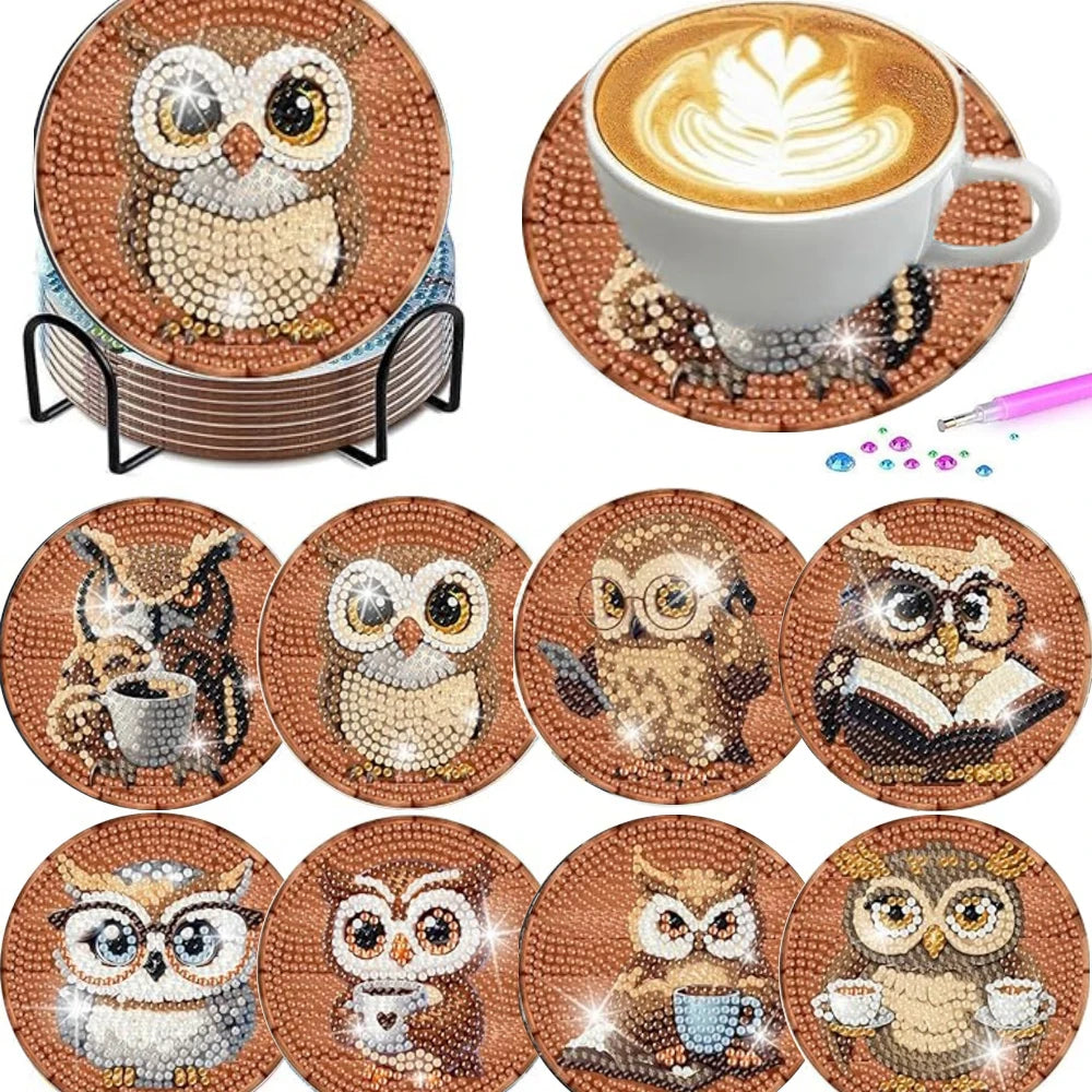 DIY Diamond Art Coaster Set with Holder – 8 Acrylic Coasters for Home Decor and Gifting