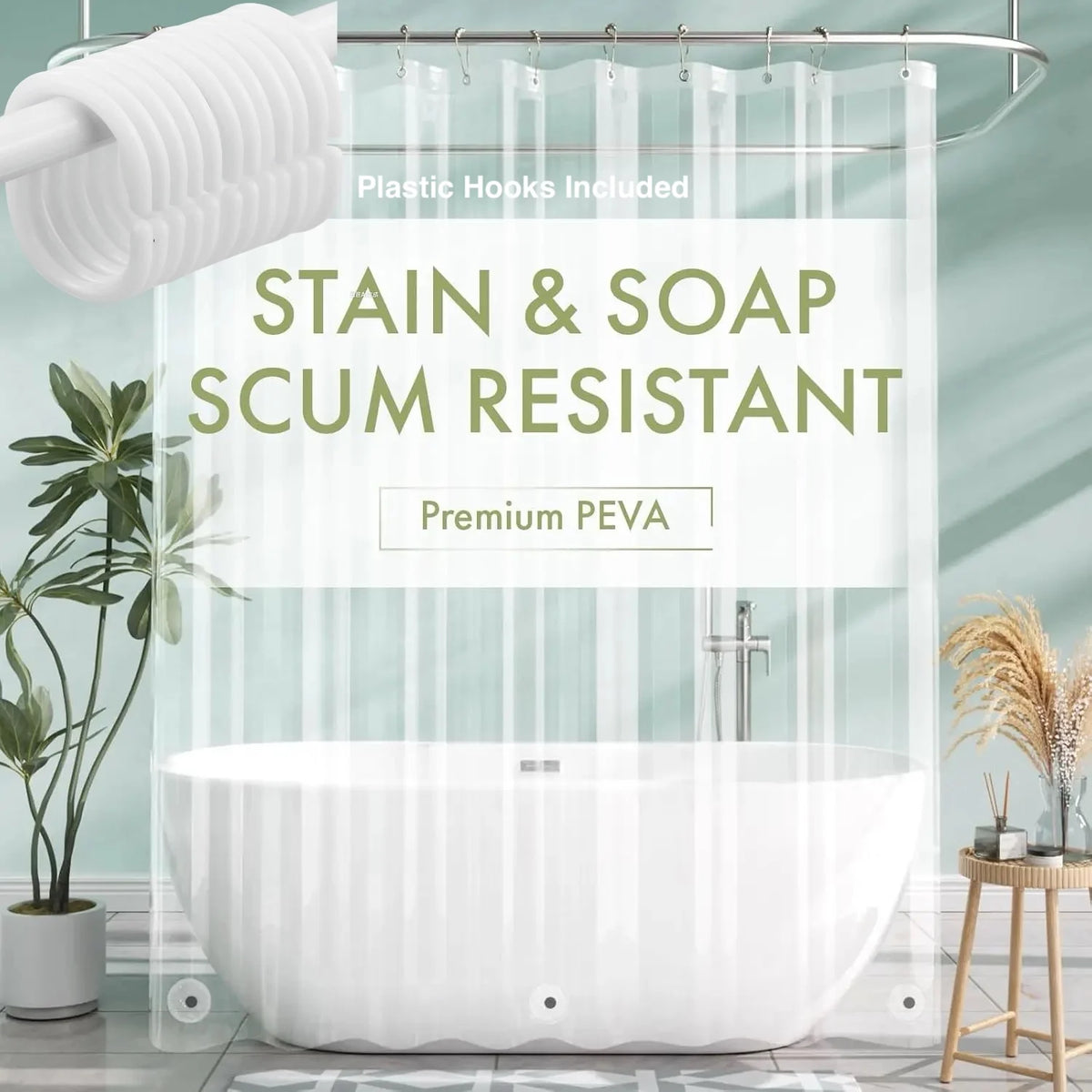 Clear Premium PEVA shower curtain liner with plastic hooks hanging over a white bathtub.