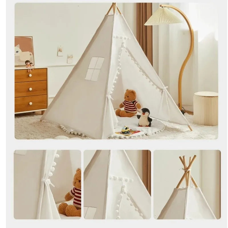 A white foldable play tent with sheer curtains is set up indoors next to a wooden dresser and a floor lamp.