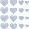A collection of twenty-four heart-shaped iron-on patches in light blue embroidery.