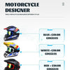 Three motorcycle designer helmets in black, blue, white, and red colors displayed against a white background.