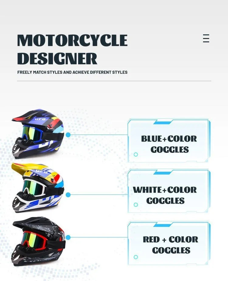 Three motorcycle designer helmets in black, blue, white, and red colors displayed against a white background.