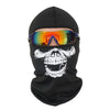 Black full face balaclava with a white skull print and mirrored orange-yellow lenses