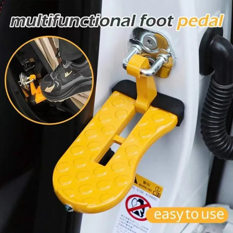 Yellow multifunctional foot pedal used as a hook for roof rack access on a vehicle.