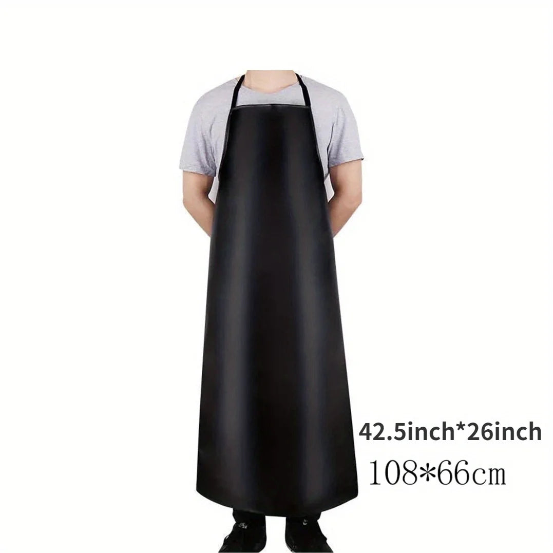 Black PU leather waterproof apron worn by a person, showing the size 42.5 inch by 26 inch.
