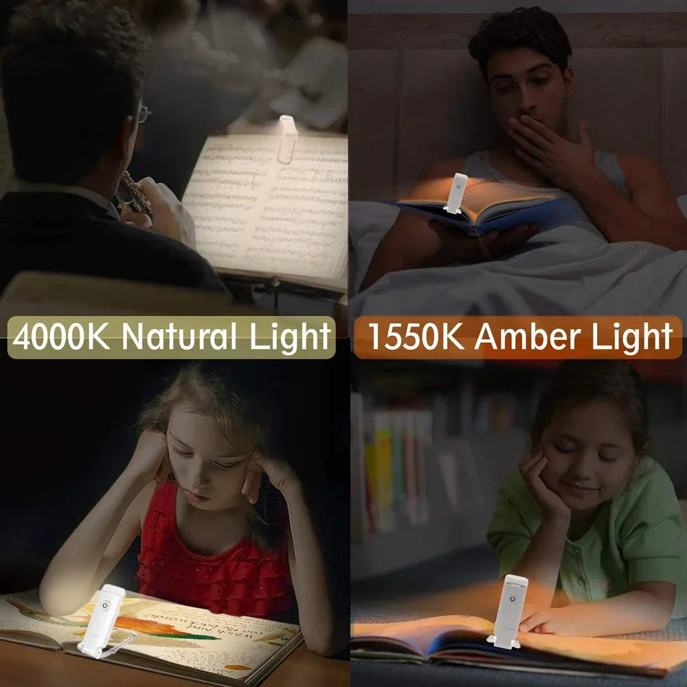 Collage showing a clip-on book light illuminating text and a girl reading a book.