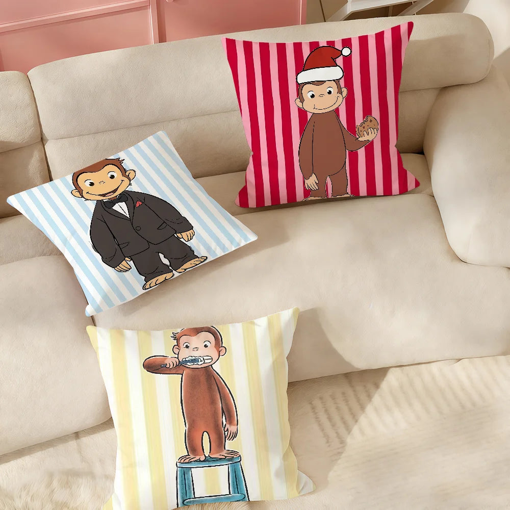 A collection of decorative pillowcase covers featuring Cartoon Curious George characters in various festive and striped patte
