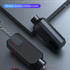 A black emergency tool featuring a seat belt cutter and a window breaker with a metal hammer head.