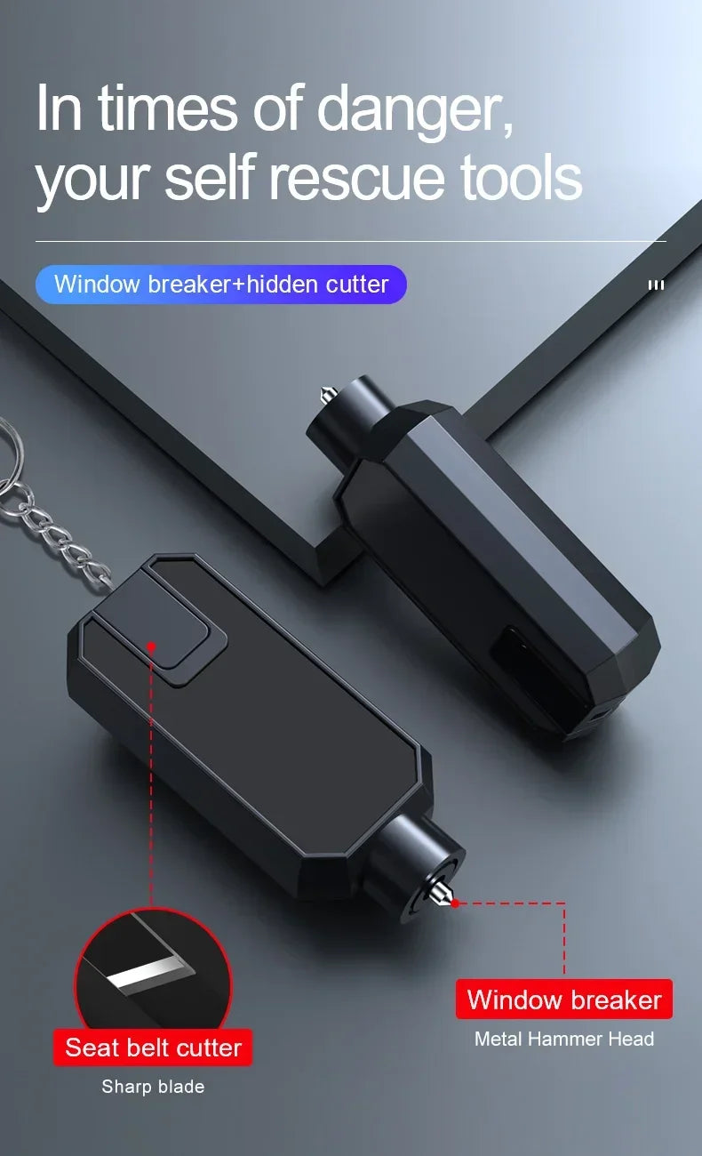 A black emergency tool featuring a seat belt cutter and a window breaker with a metal hammer head.