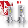 A silver H7 LED headlight bulb with a yellow light, shown next to its packaging box.