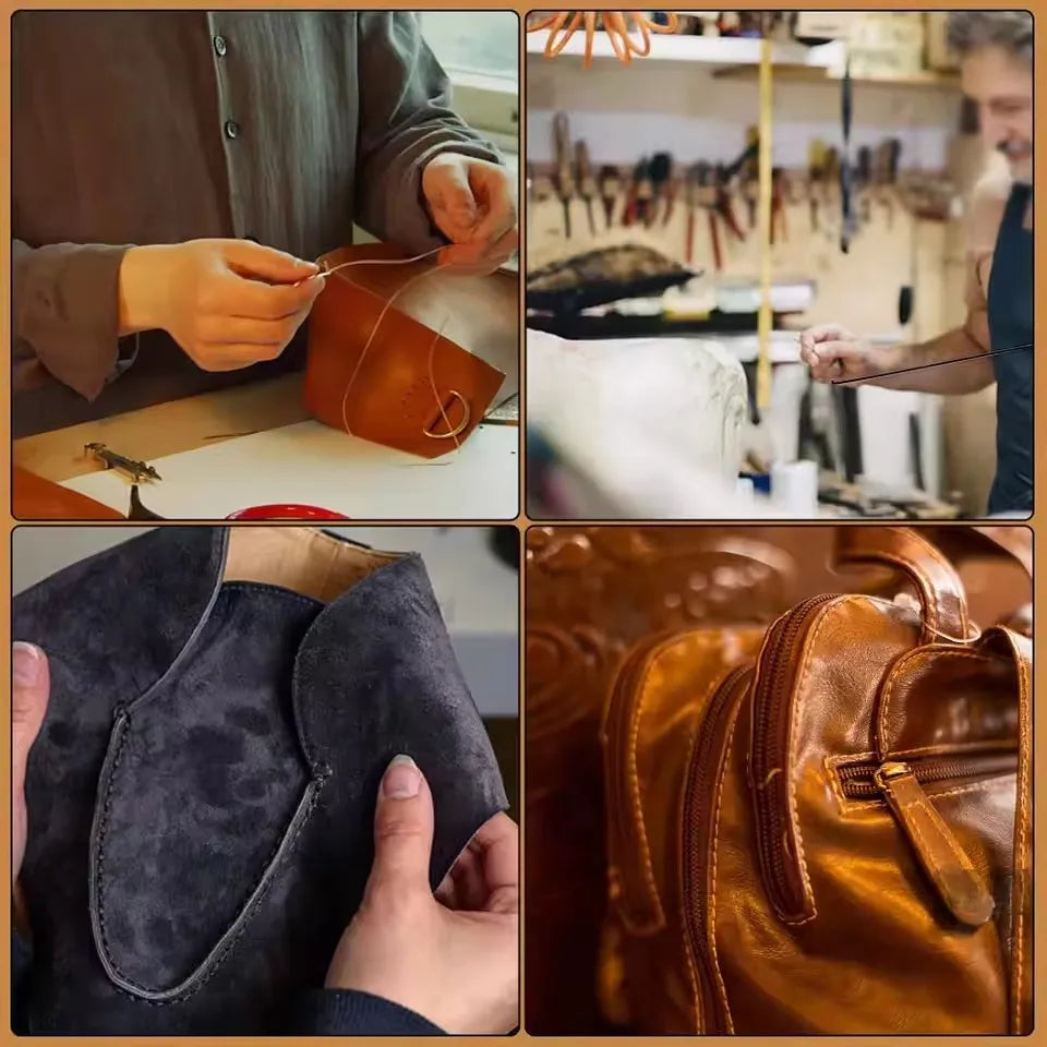 A close-up of hands working with a brown leather bag, showing the use of waxed thread and needles in a professional sewing ki