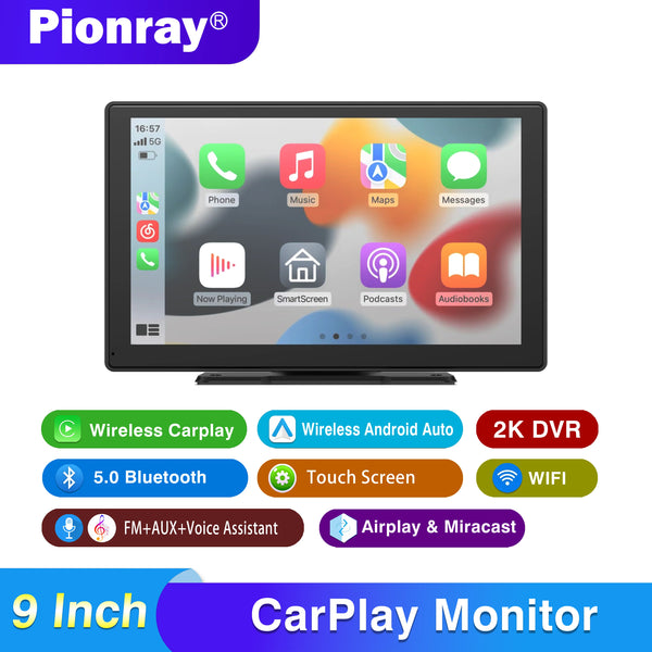 شاشة مراقبة CarPlay بحجم 9 بوصات تعرض أيقونات وميزات الهاتف الذكي.