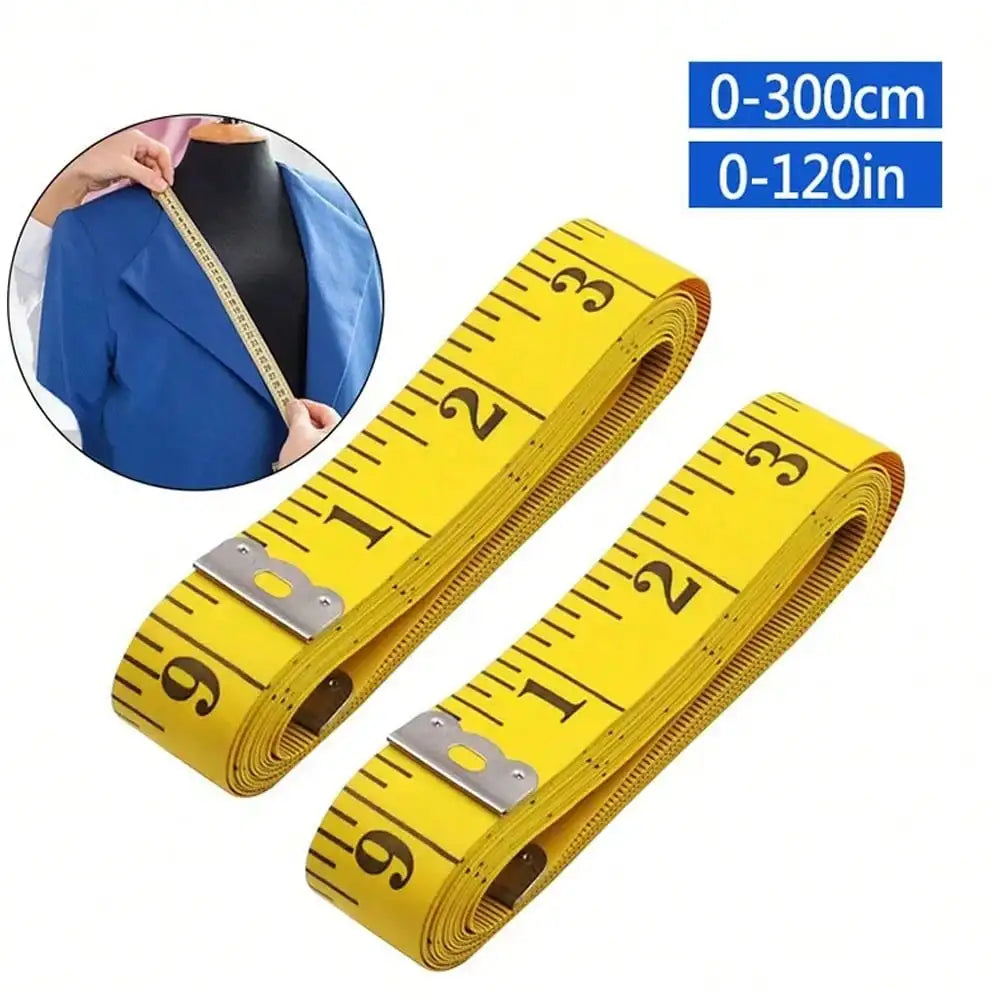 Yellow flexible measuring tape with dual scales marked in inches and centimeters shown next to a person's torso.