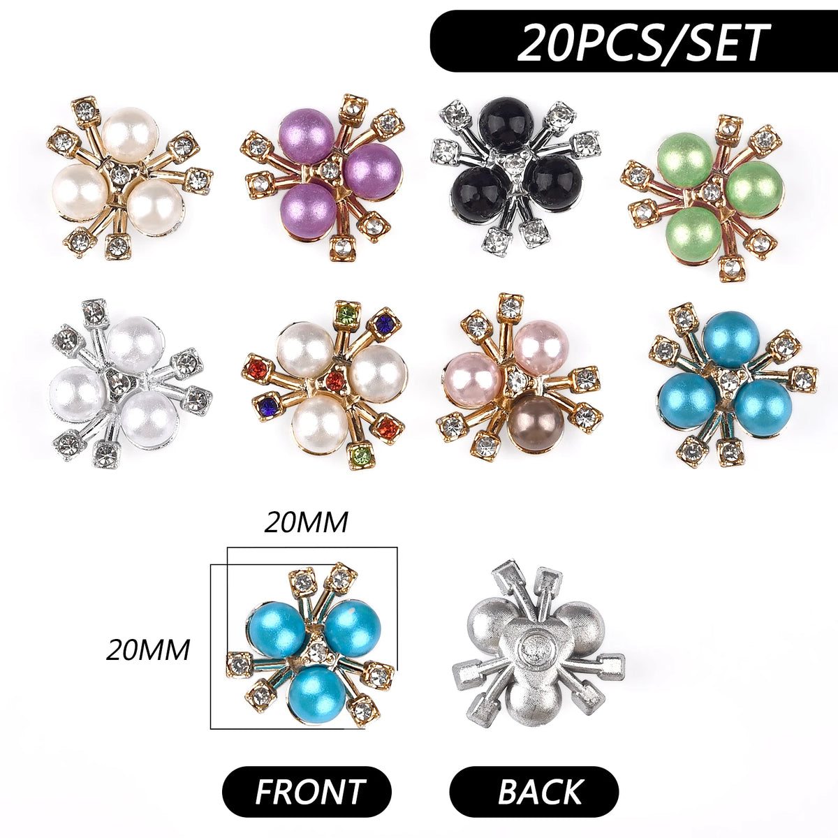 A set of 20 pearlized resin flower beads in various colors including white, purple, black, green, and blue, shown from the fr