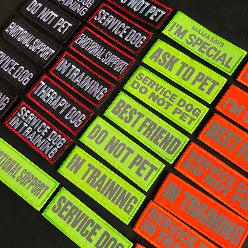 A collection of embroidered patches for therapy dogs and service dogs featuring various phrases like I'm special and do not p
