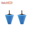 A pair of blue drill polishing sponge cones for wheels and automotive detailing.