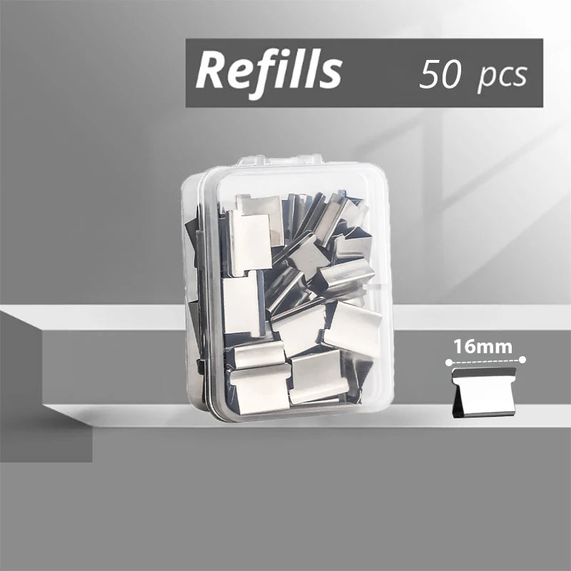A clear plastic container filled with 50 metal push clamp staples, showing a 16mm measurement guide.