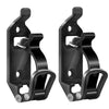 A pair of heavy-duty black wall mount tool holders designed for securing shovels, axes, and other tools.