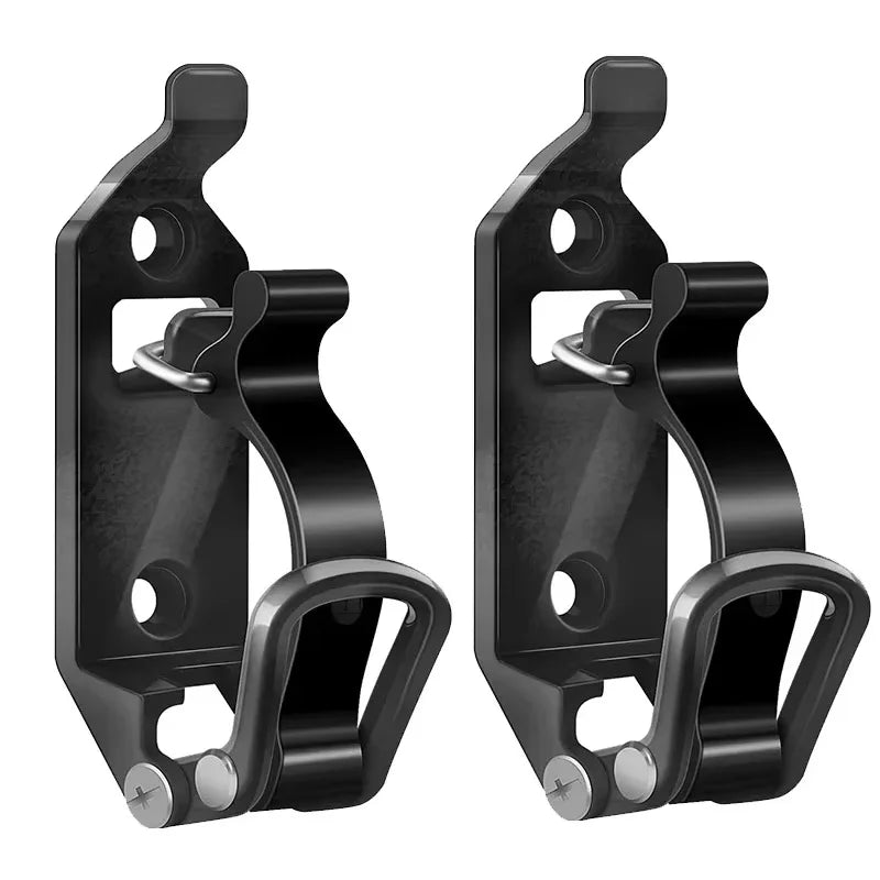 A pair of heavy-duty black wall mount tool holders designed for securing shovels, axes, and other tools.