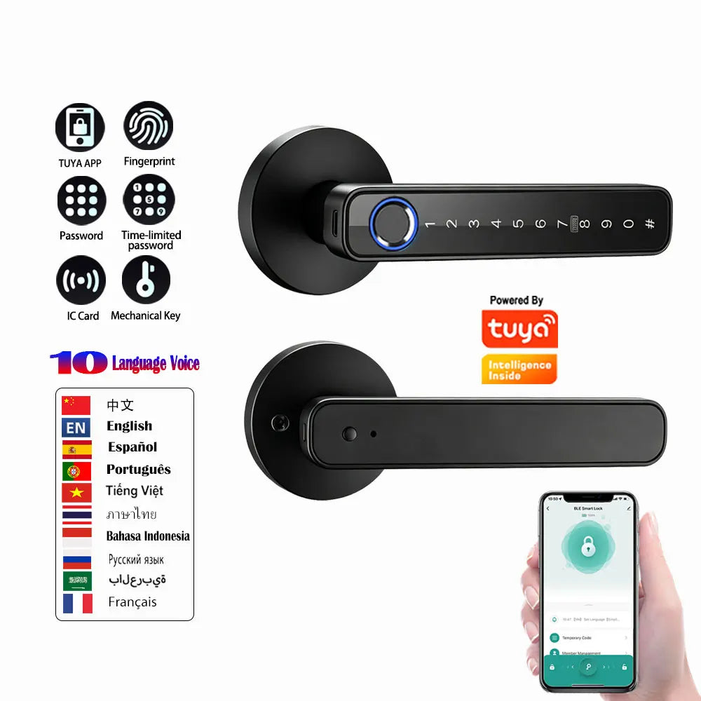 A black smart fingerprint door handle lock is shown with various authentication methods and a smartphone interface.