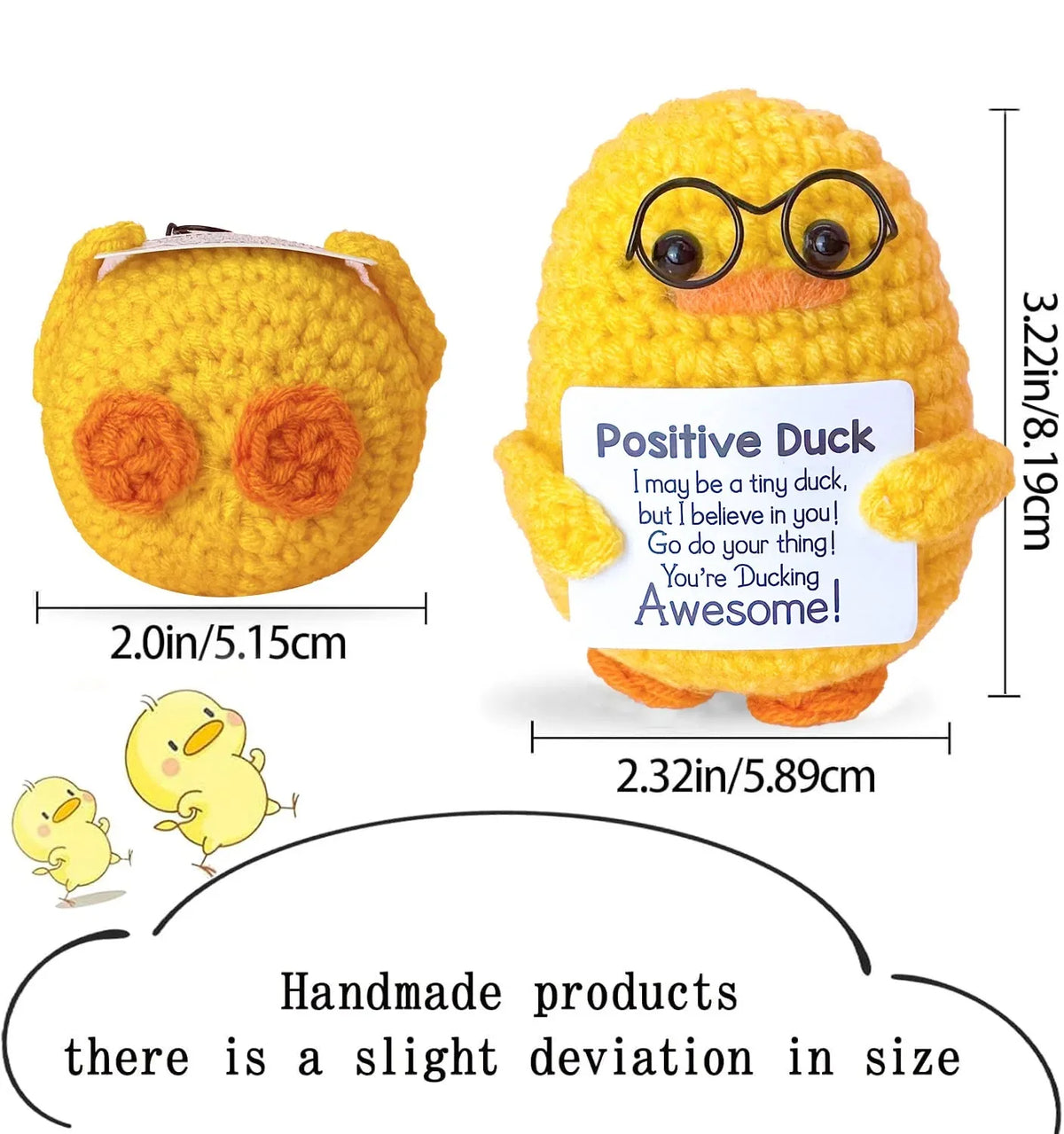 A yellow handmade crochet pocket hug doll with glasses and a positive message tag.
