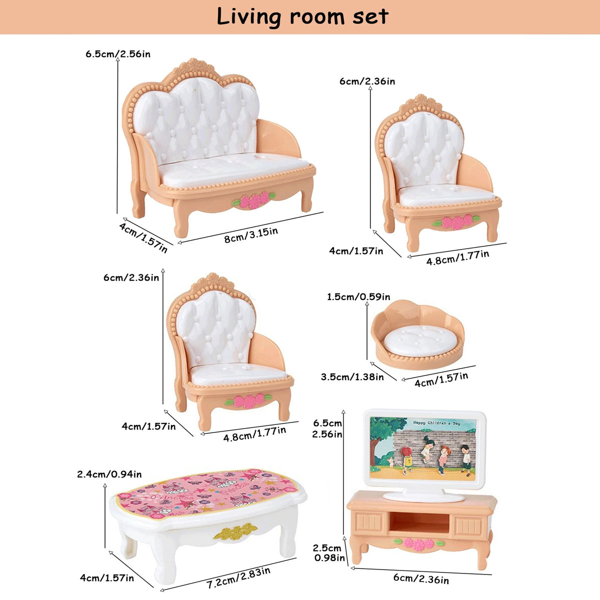 A living room set featuring a sofa, chair, and table for dollhouse furniture play.