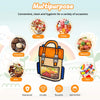 An orange cartoon backpack filled with various treats like cake, candy, chocolate, nuts, macarons, and toys.