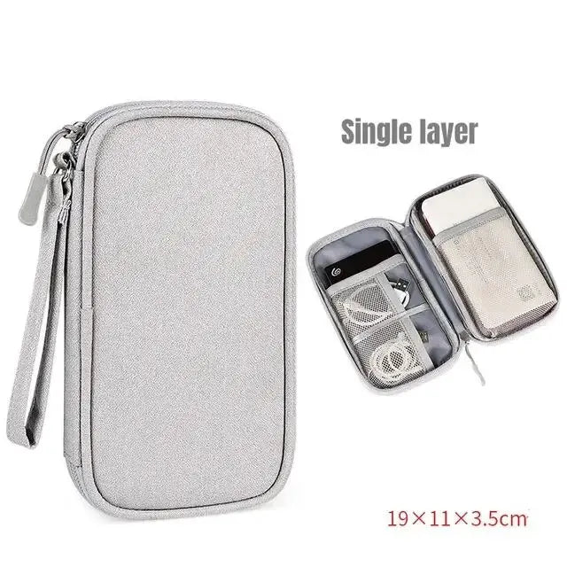 Silver single layer travel organizer pouch with a clear window for cables and accessories