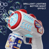 A white and red astronaut bubble gun toy is shown against a dark blue background with bubbles, demonstrating a brilliant ligh