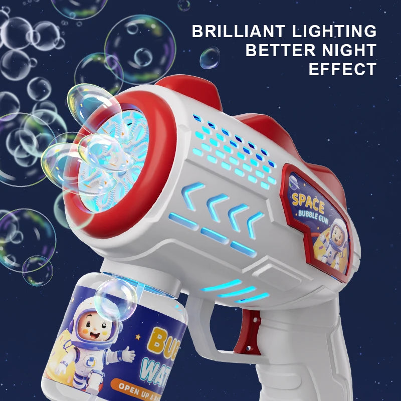 A white and red astronaut bubble gun toy is shown against a dark blue background with bubbles, demonstrating a brilliant ligh