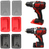 A collection of wall-mounted battery tool holders for Dewalt and Milwaukee tools in various colors and finishes.
