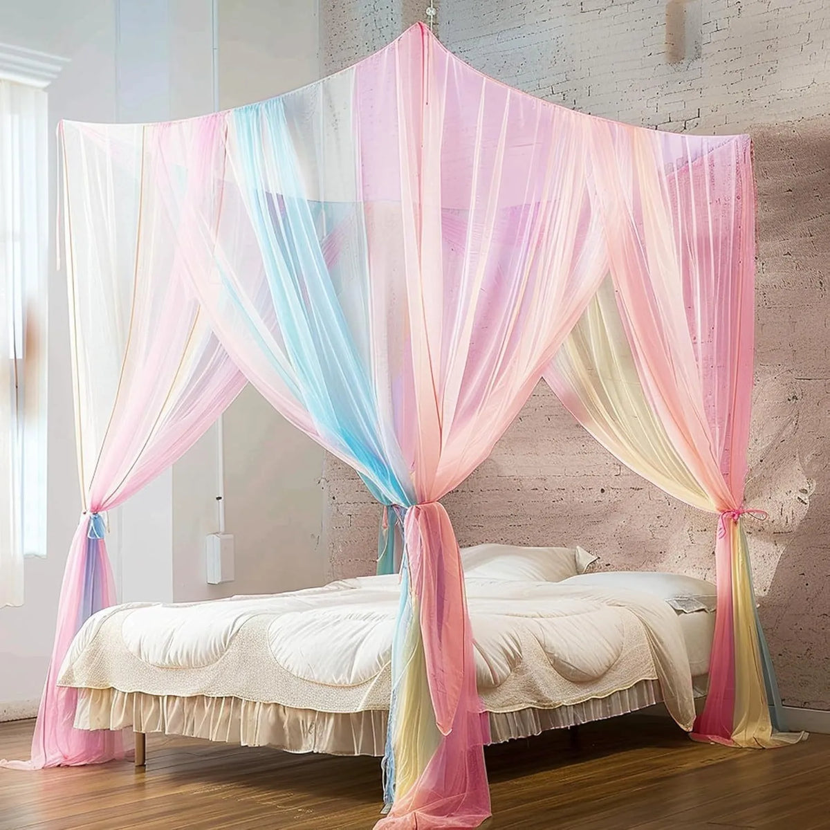 Pink and blue sheer mosquito net draped over a bed in a light-colored room.