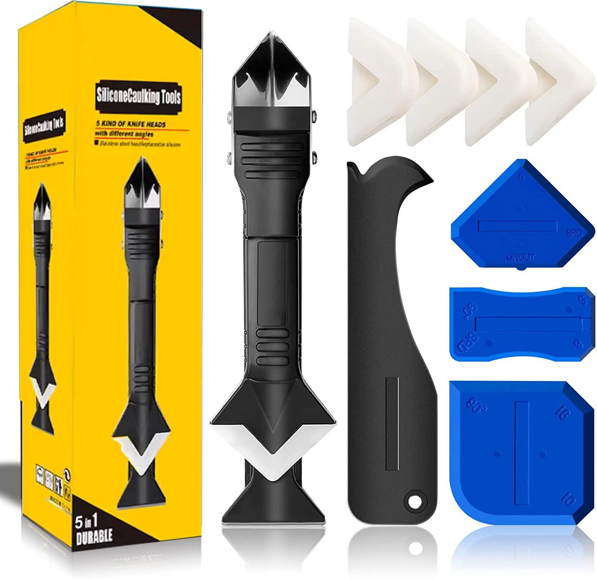 A yellow box displaying a 9-piece caulk tool kit including silicone scraping and finishing tools.