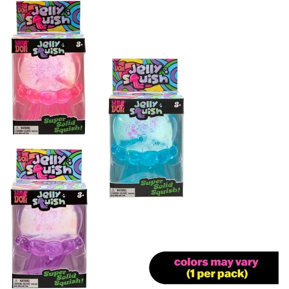 Eine Sammlung von drei Jelly Squish Stressabbau-Spielzeugen in verschiedenen Farben und Größen.