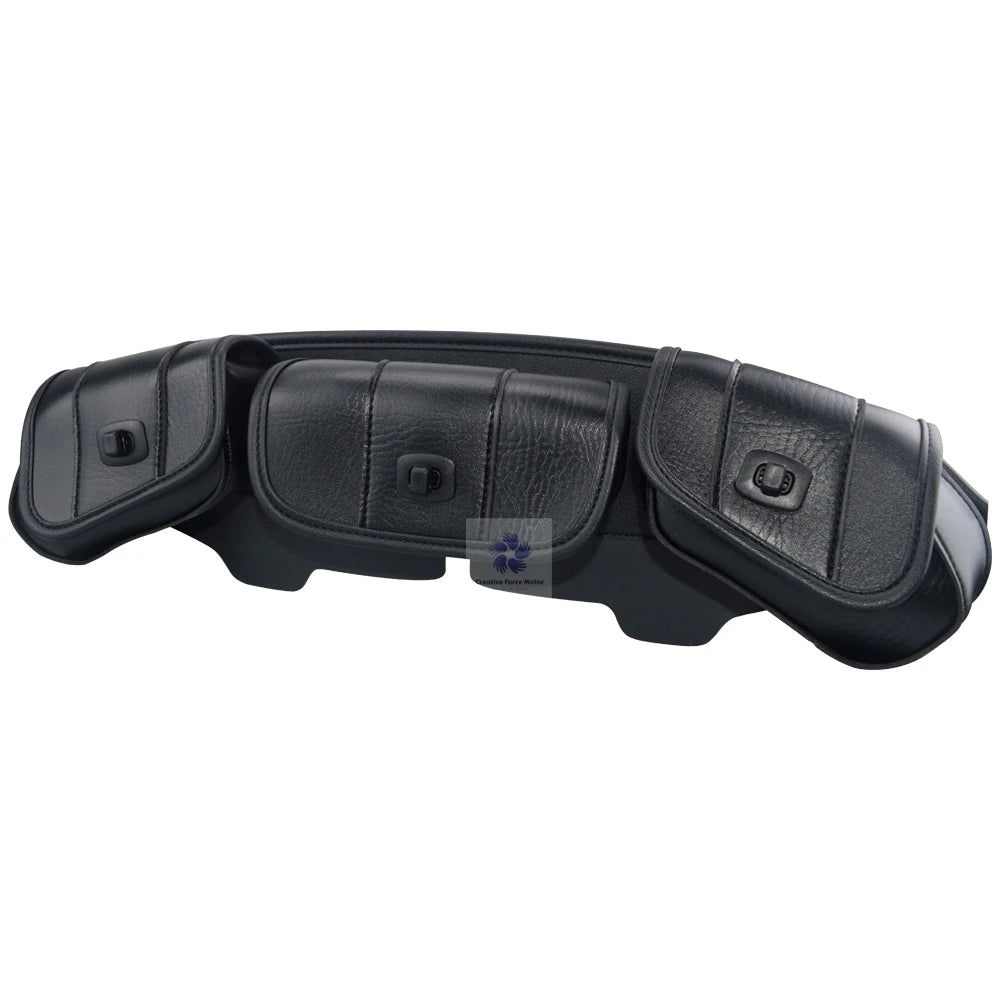 Black waterproof PU leather storage bag designed for motorcycle windshields