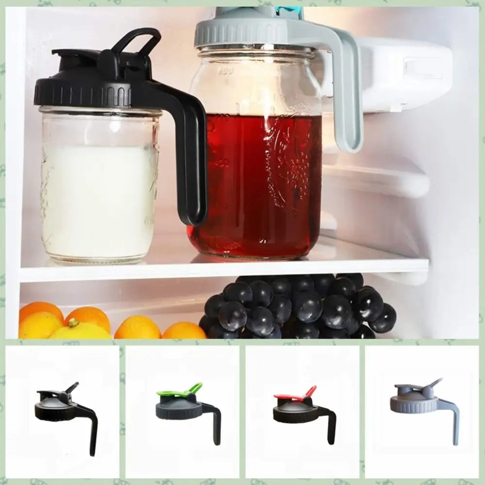 A set of wide mouth mason jar lids with pour spouts and handles shown next to various fruits.