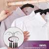 Hands are shown hanging a light pink shirt on velvet non-slip hangers with 360° rotating hooks.