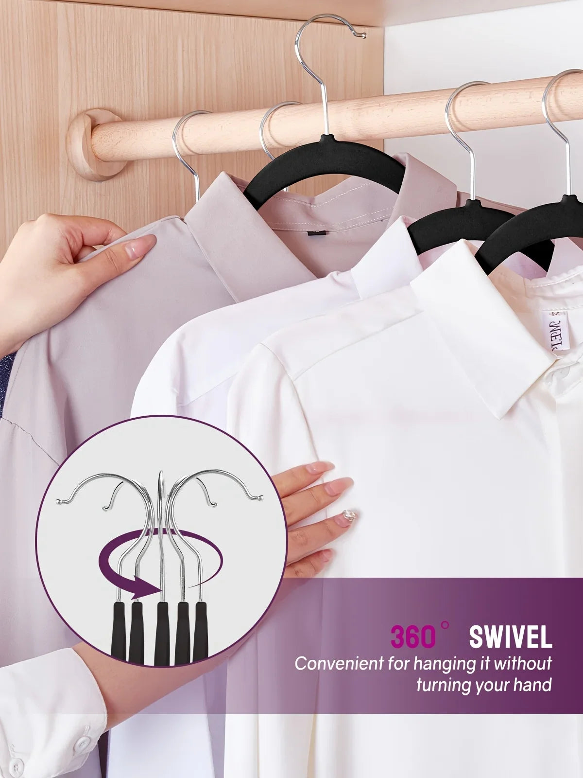 Hands are shown hanging a light pink shirt on velvet non-slip hangers with 360° rotating hooks.