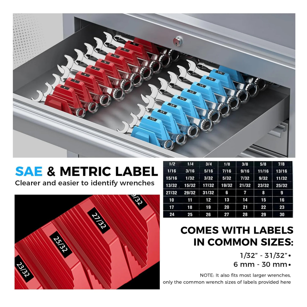 A close-up view of a modular magnetic wrench organizer with various sized labels for tool drawers.