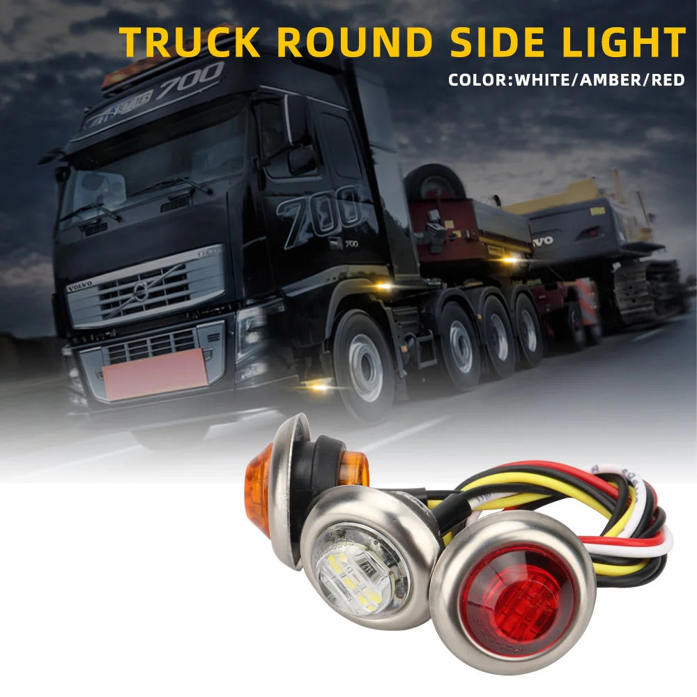 A set of four round white amber and red LED side marker lights for trucks and trailers.