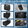 Portable and foldable black car trunk organizer with multiple pockets shown in various contexts.