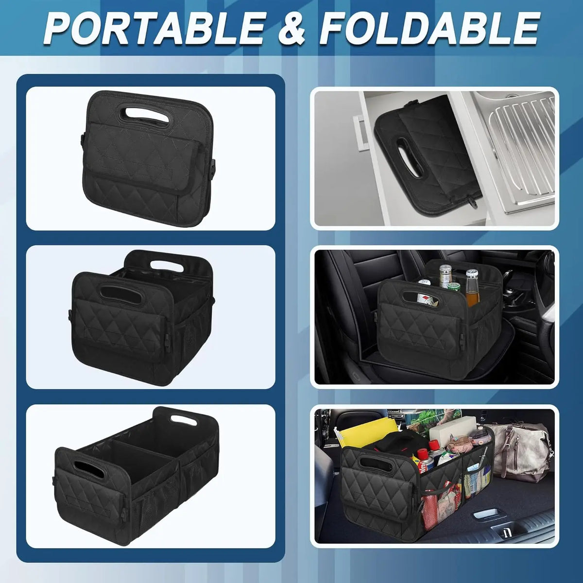 Portable and foldable black car trunk organizer with multiple pockets shown in various contexts.