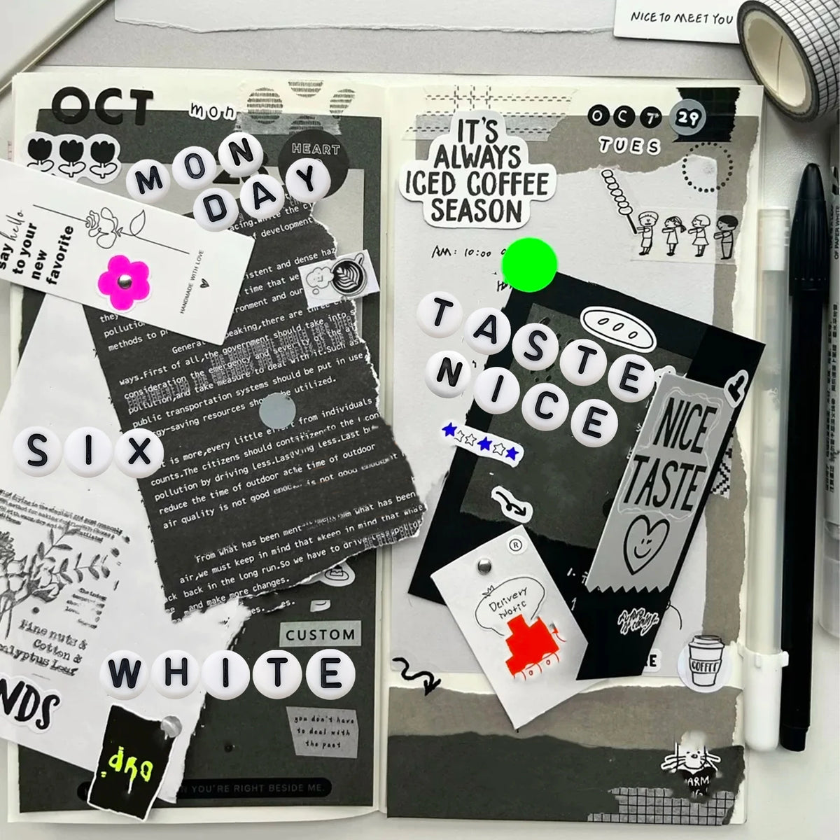 A collection of alphabet letter stickers in black and white on a page for crafting and journaling
