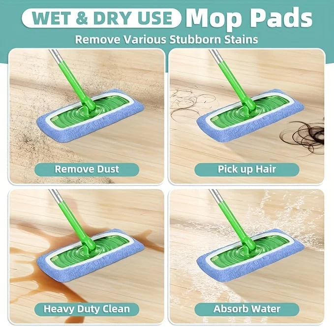 Set of green and blue reusable mop pads for wet and dry use to remove various stubborn stains and dust