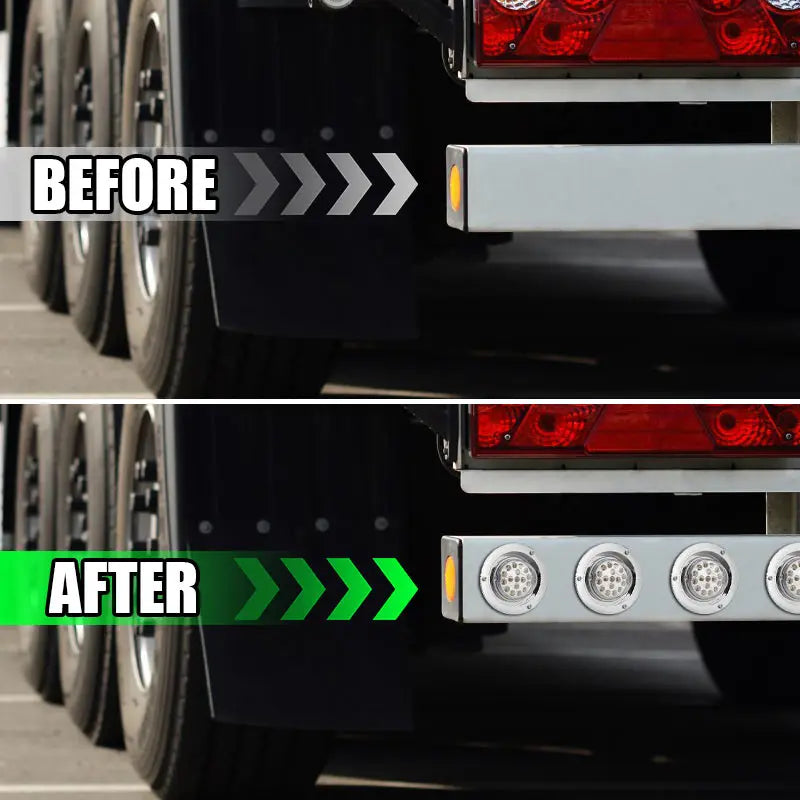 Before and after comparison of watermelon LED marker and turn signal lights on a truck or trailer.